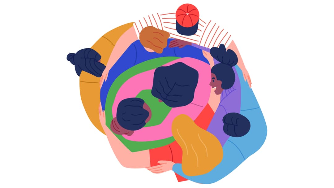 Illustration av åtta människor i en gruppkram, sedda uppifrån.