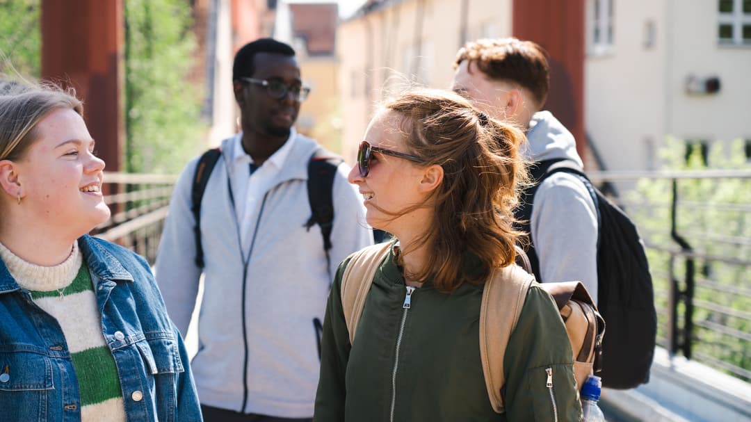 En grupp studenter som står och pratar med varandra. 