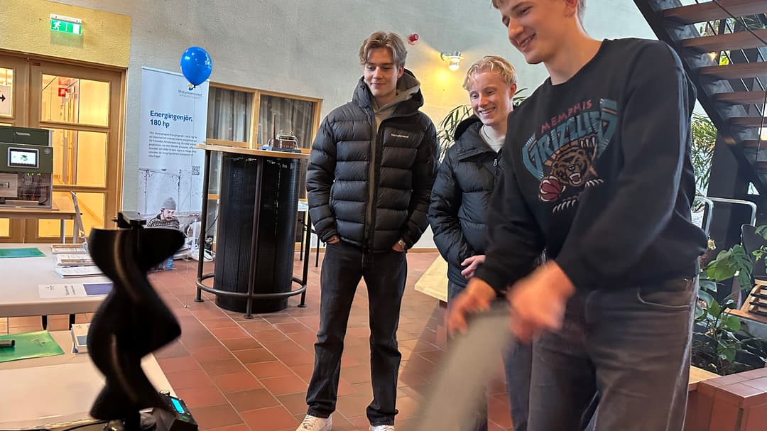 Tre män tittar på ett bord