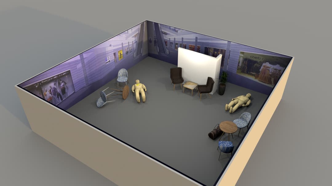 Illustration över hur den simulerade miljön galleria ser ut snett uppifrån