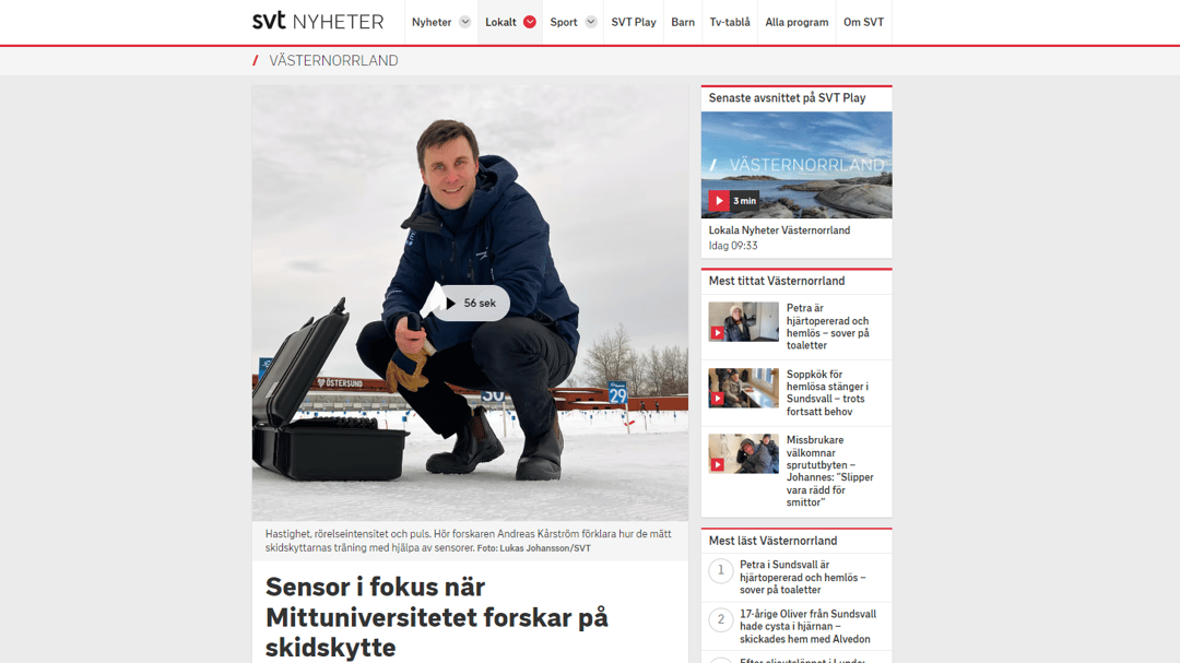 Skärmklipp från SVT Nyheter Västernorrland som visar nyhet om forskning från Mittuniversitetet.