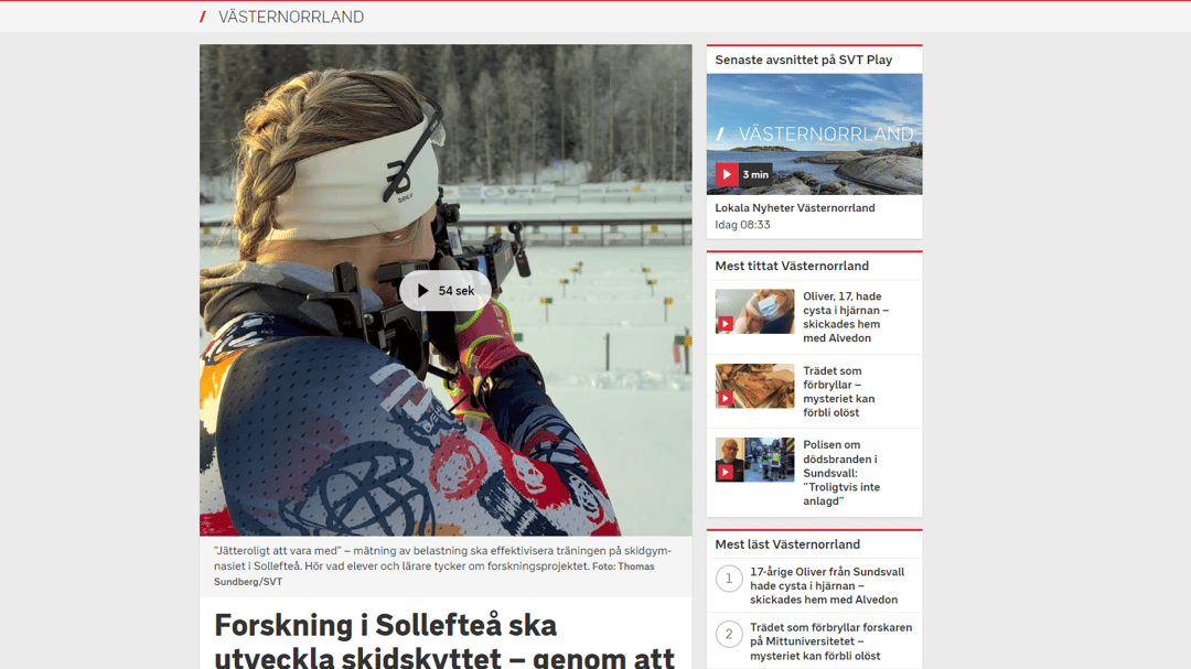 Skärmklipp från SVT Västernorrland visar nyhet om skidskytteforskning.