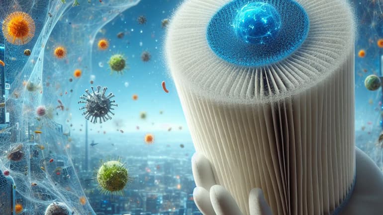 AI-genererad bild som visar en hand som håller i ett luftfilter och virus som finns runt om i bilden.