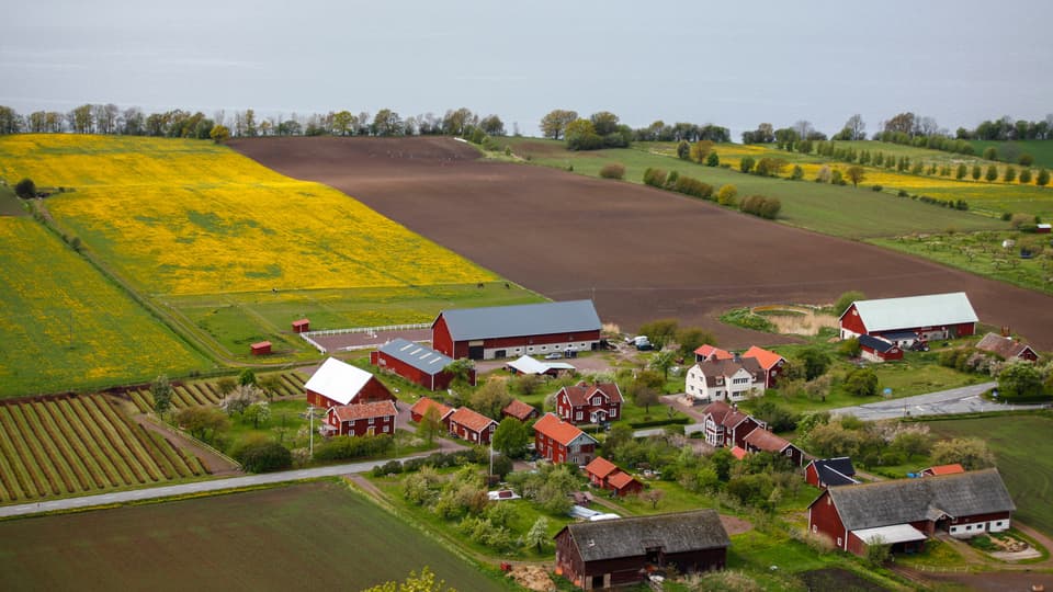 A collection of buildings in the countryside with fields all around.