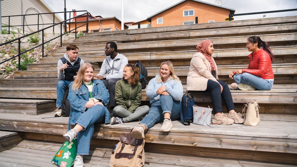 Sju studenter som sitter i en trappa.