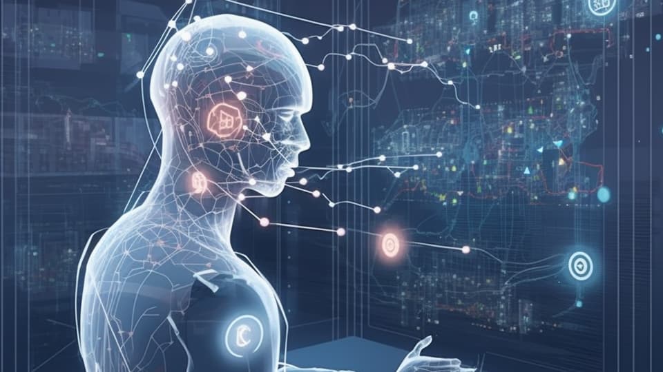 AI generated image showing a holographic figure with lights and  projections