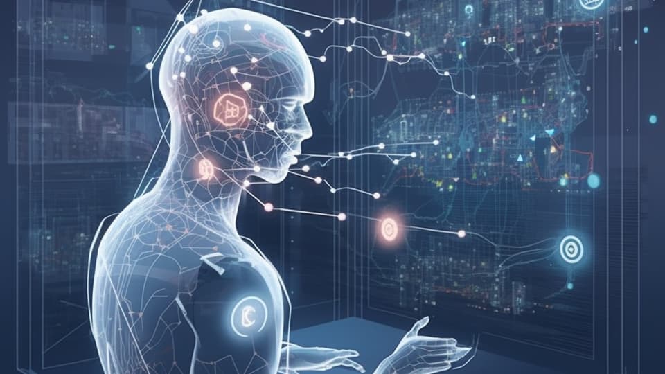 AI-genererad bild som visar en holografisk figur med ljusfenomen och projiceringar