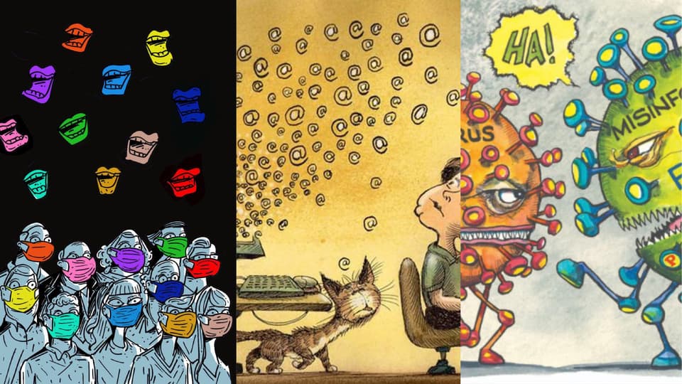 Kollage av tre illustrationer som handlar om coronaviruset och felaktig information.