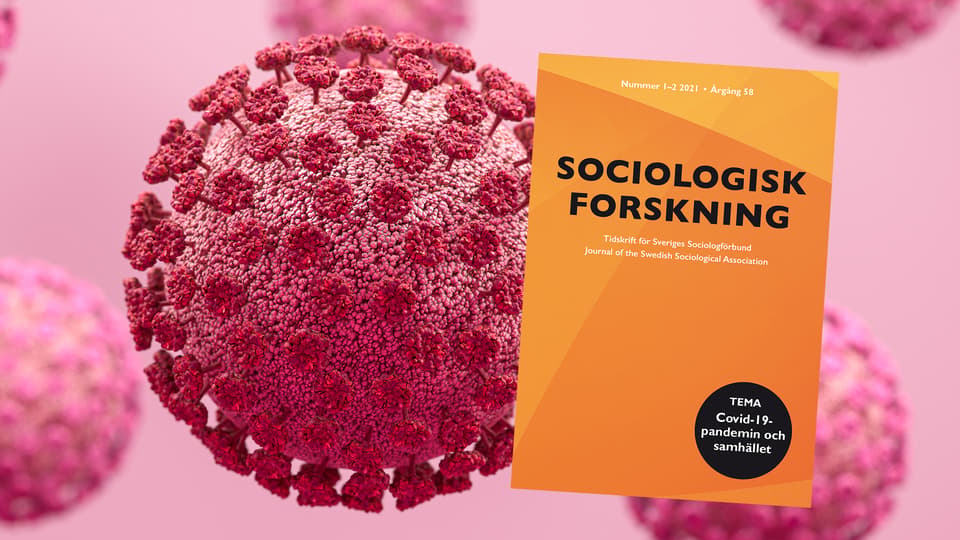 Omslaget till tidskriften Sociologisk forsknings temanummer om Covid-19 ligger på en närbild av ett coronavirus