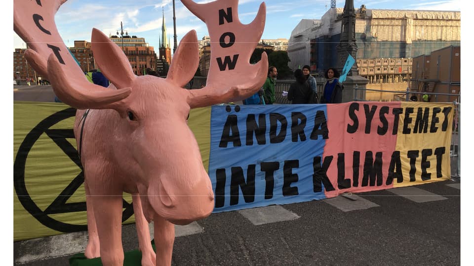 Demonstration i Stockholm med en banderoll med ett miljöbudskap. En älgstaty står i förgrunden.