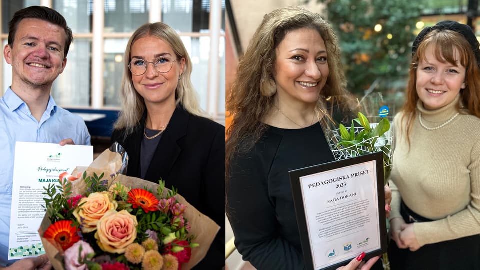 En man och tre kvinnor, en blombukett och diplom.