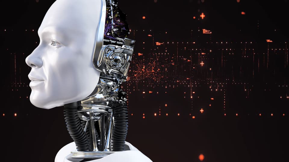 En överkropp på en vit robot med svart bakgrund med oranga punkter.