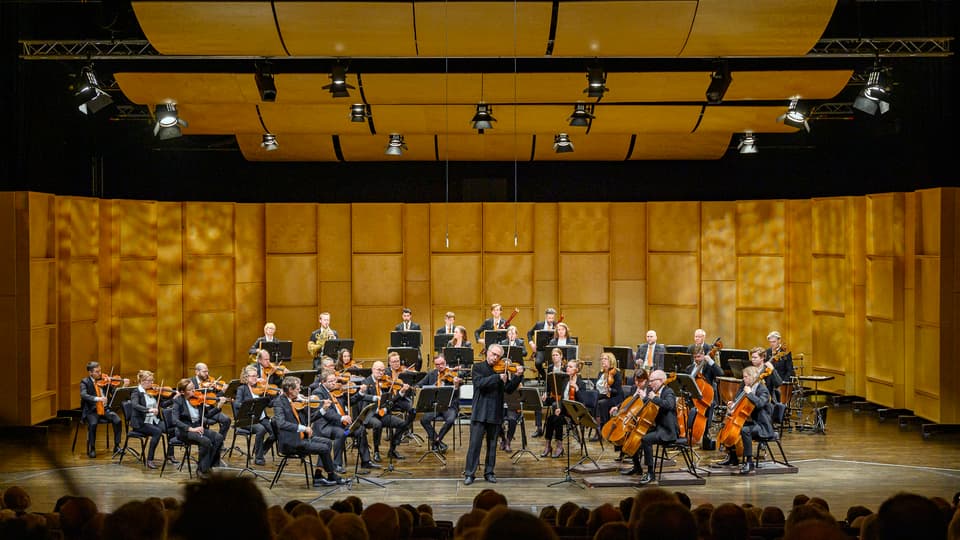 Orchestra plays on stage with audience