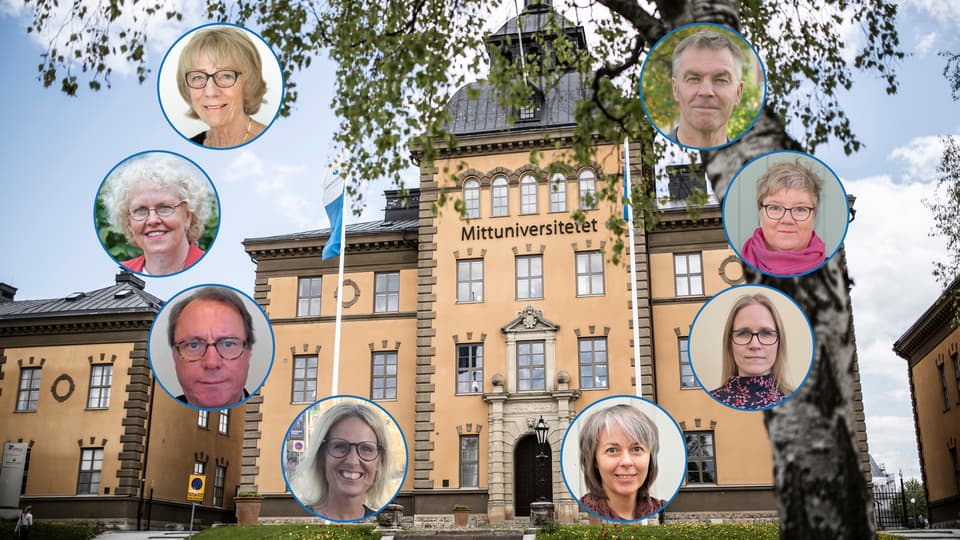 Kollage med en byggnad i bakgrunden och åtta personporträtt i cirklar ovanpå bilden.ar o