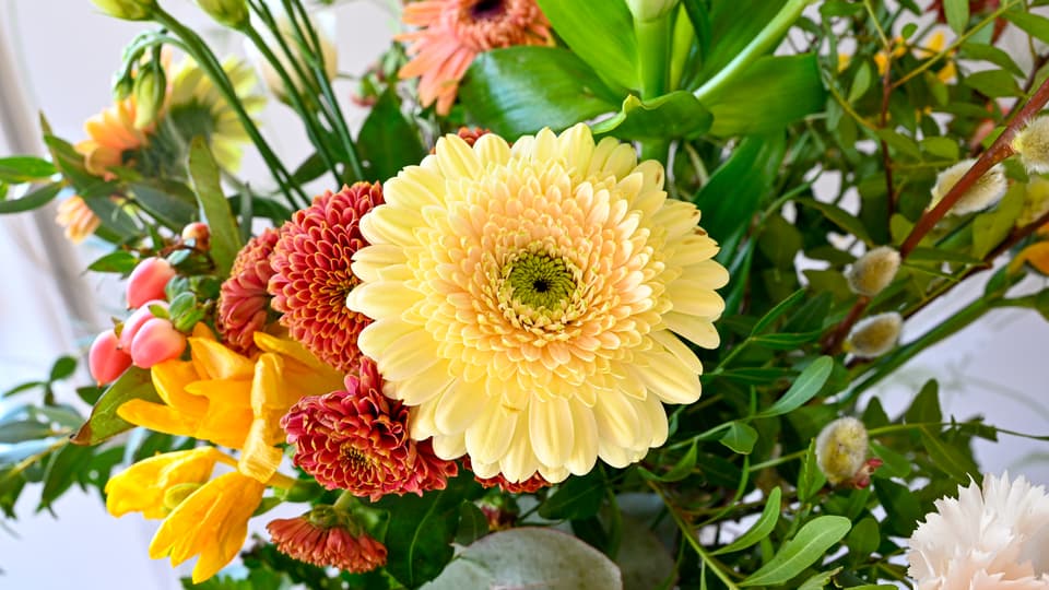 En blombukett med olika blommor i färgerna gul, grön och rosa