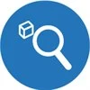 Blue circle with an illustration in white of a magnifying glass.