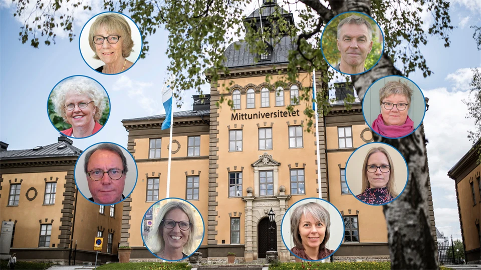 Kollage med en byggnad i bakgrunden och åtta personporträtt i cirklar ovanpå bilden.ar o