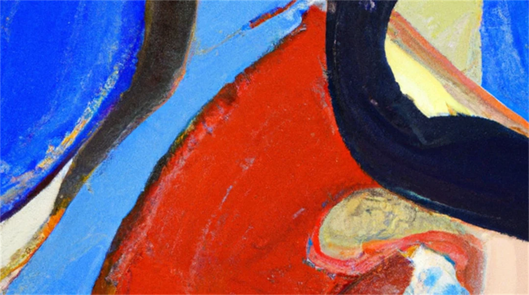 An abstract oil painting in black, blue and red