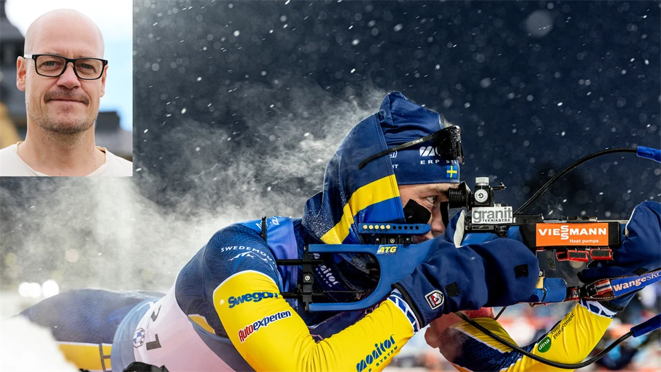 Kollage: porträtt av en man i övre vänstra hörnet på en bild av en skidskytt som ligger för att skjuta, värmen ångar från kroppen.