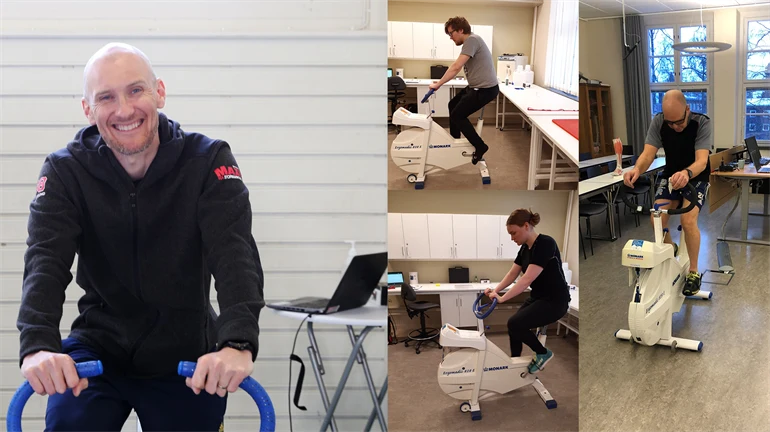 Bildkollage med Daniel Faxing och personal från butiken som sitter på testcyklar.