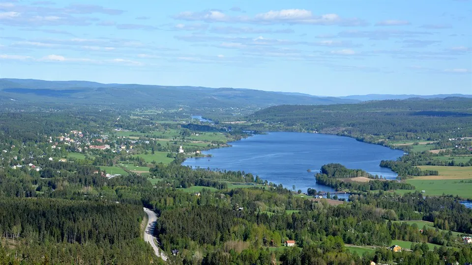 Landskapsbild med gröna berg, ängar och en sjö