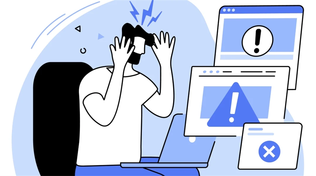 Illustration av man med bärbar dator som illustrerar mjukvaruproblem.