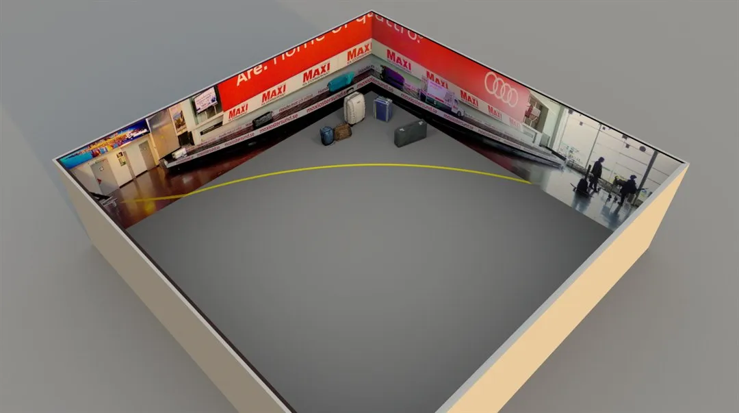 Illustration över hur den simulerade miljön flygplats ser ut snett uppifrån