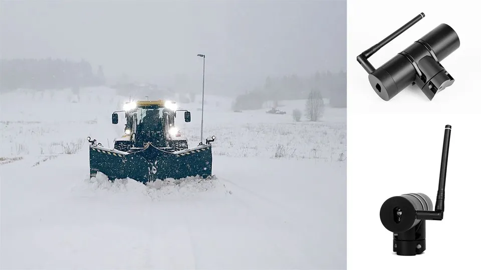 Plow truck on winter road and snow depth gauge