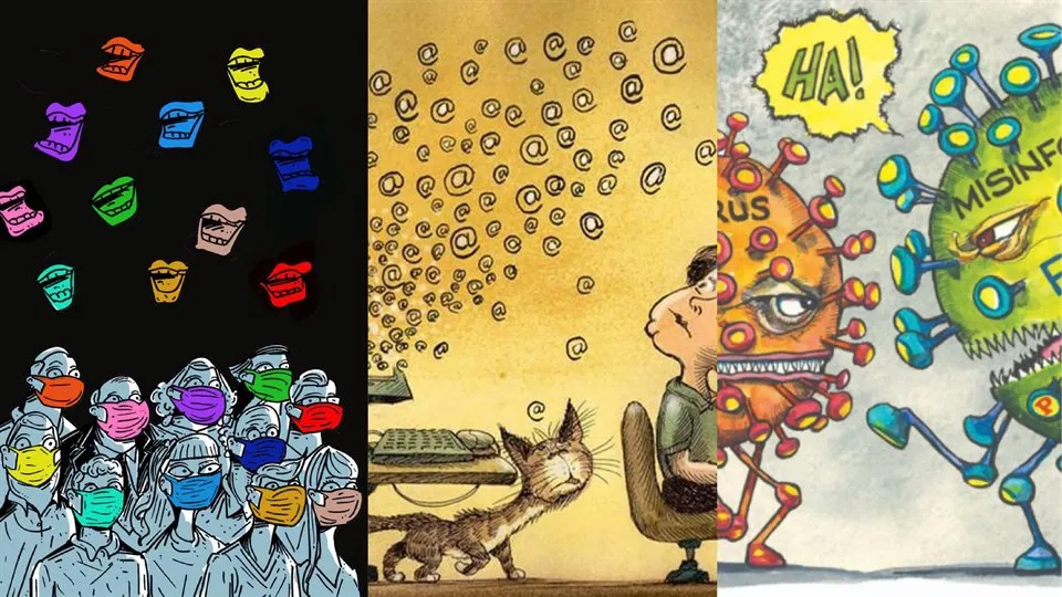 Kollage av tre illustrationer som handlar om coronaviruset och felaktig information.