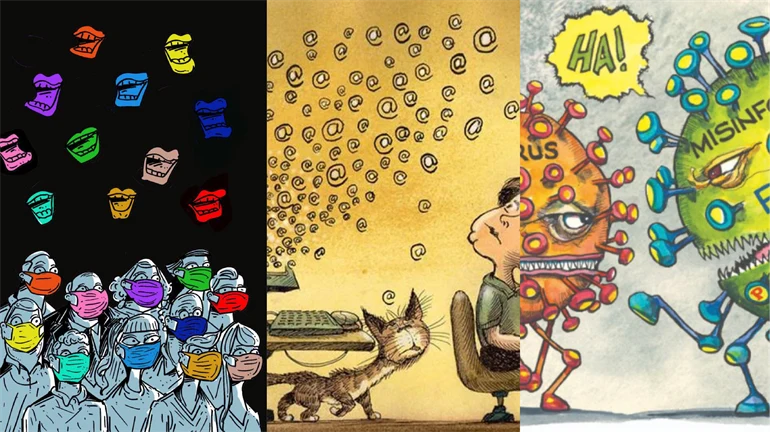 Kollage av tre illustrationer som handlar om coronaviruset och felaktig information.