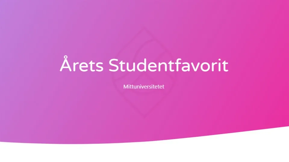 Rosa bakgrund, vit text, Årets studentfavorit. 