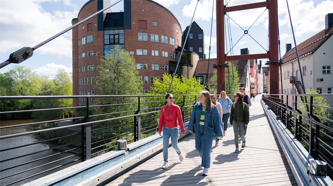 Ett kompisgäng med sju studenter går över stora bron vid Campus Sundsvall.