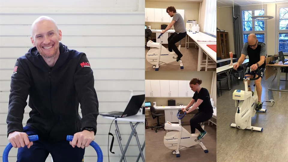 Bildkollage med Daniel Faxing och personal från butiken som sitter på testcyklar.