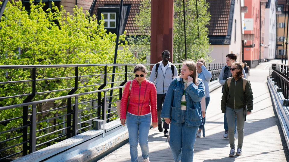 Students walking on the bridge at Åkroken, Campus Sundsvall.