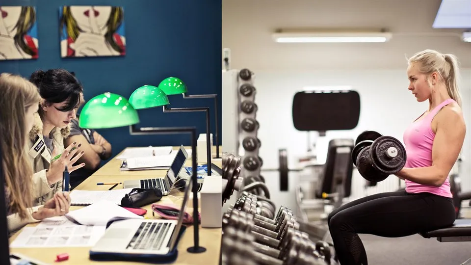 Studenter som pluggar - kvinna som tränar