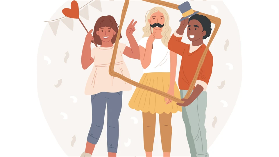 Illustration av tre personer med fotorekvisita och en ram