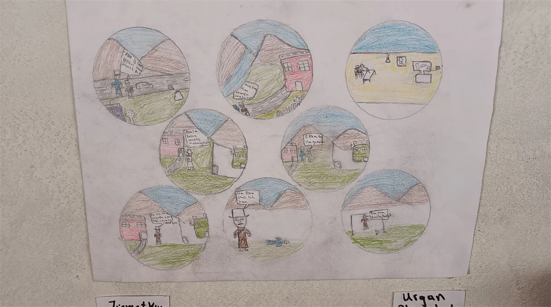 Barnteckningar som visar berg, hus och vatten.