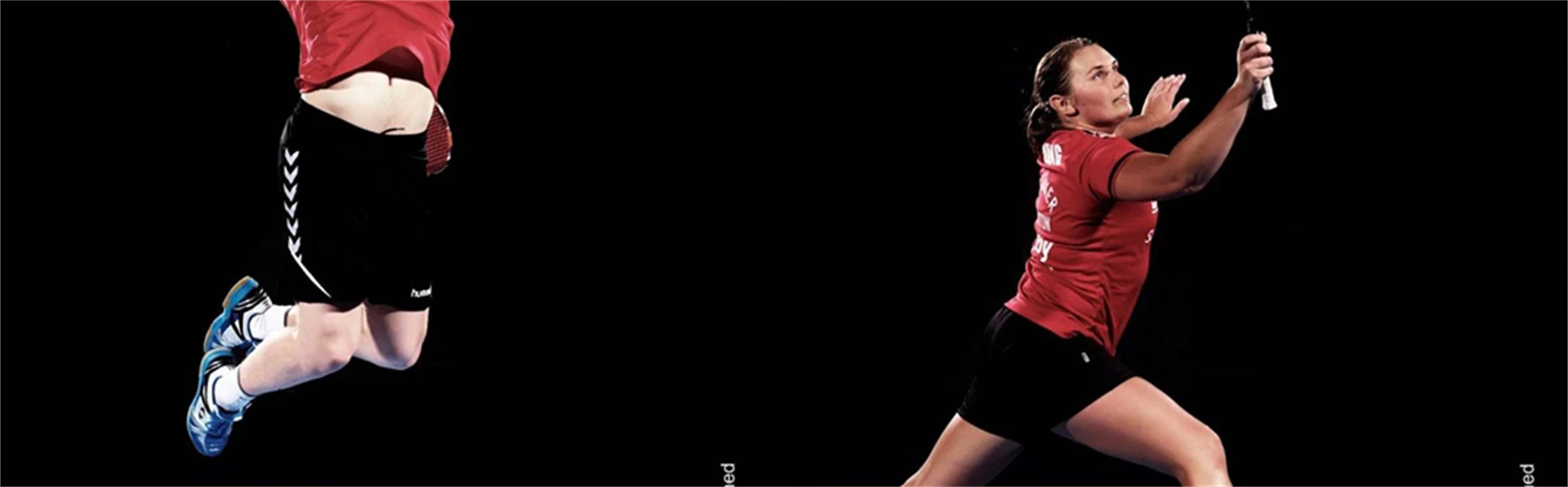 Två personer som spelar badminton i var sin bild.