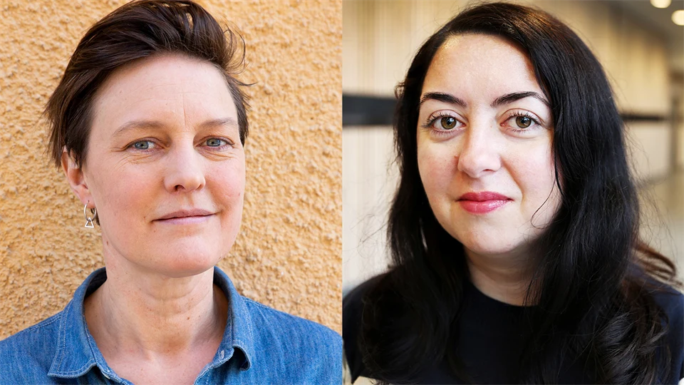 Två kvinnor bredvid varandra. Båda har mörkt hår.