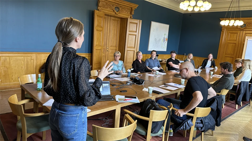 Woman stands up in front of about ten people sitting at a long table. She gestures with her hands.