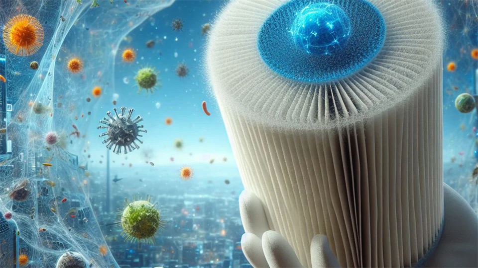 AI generated image showing a hand holding an air filter and viruses surrounding the filter.