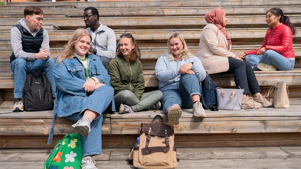 A group of students sit on a wooden staircase and talk.
