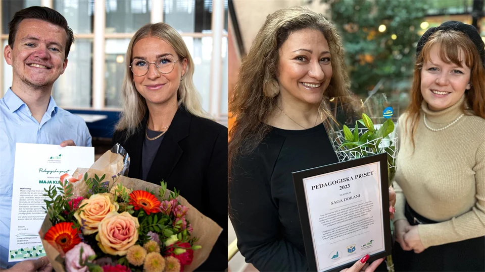 En man och tre kvinnor, en blombukett och diplom.