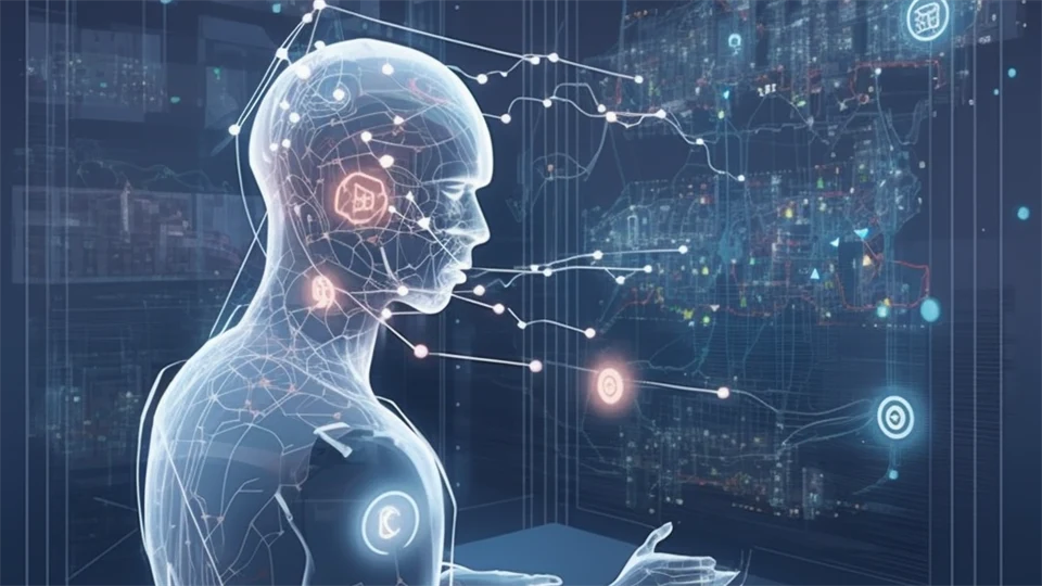 AI-genererad bild som visar en holografisk figur med ljusfenomen och projiceringar