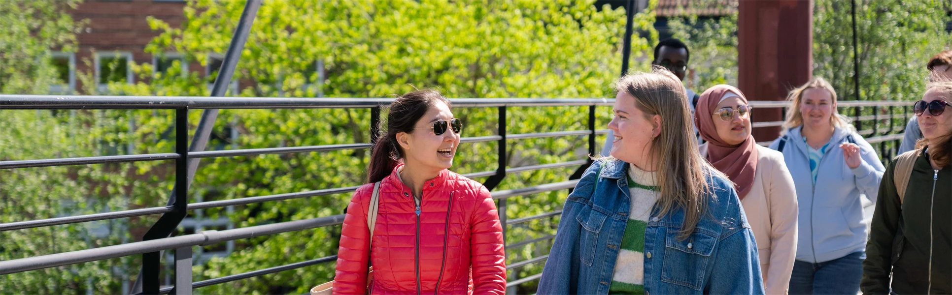 Kompisgäng som går över bron vid Campus Sundsvall. 