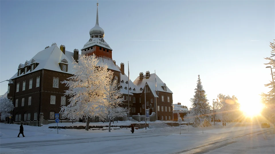 Rådhuset i Östersund, vinter och motljus.