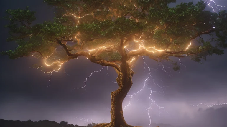 AI-generated image depicting a tree with lightning striking through the canopy.