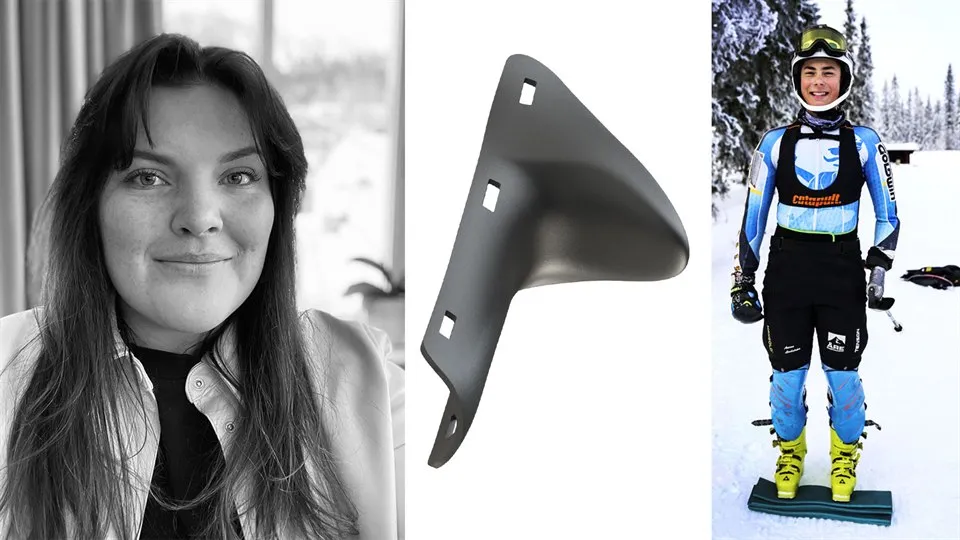 Kollage med porträtt av Louise Nyberg, bild på ett specialgjort alpint armskydd och en bild på Aaron Linström i full skidmundering.