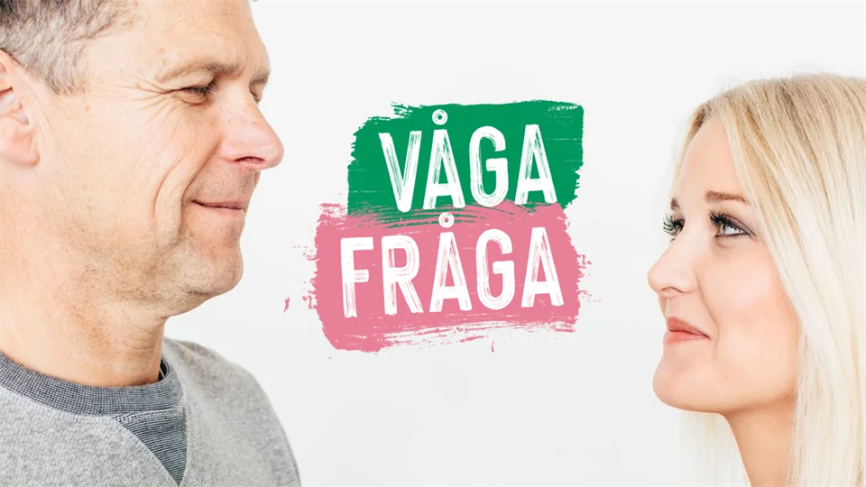 En man och kvinna pratar med varandra. Texten Våga fråga finns emellan dem.