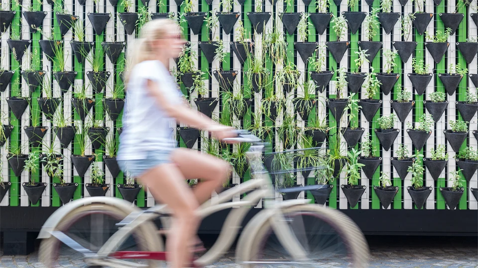 En kvinna med blont hår cyklar och i bakgrunden syns en vägg av växter